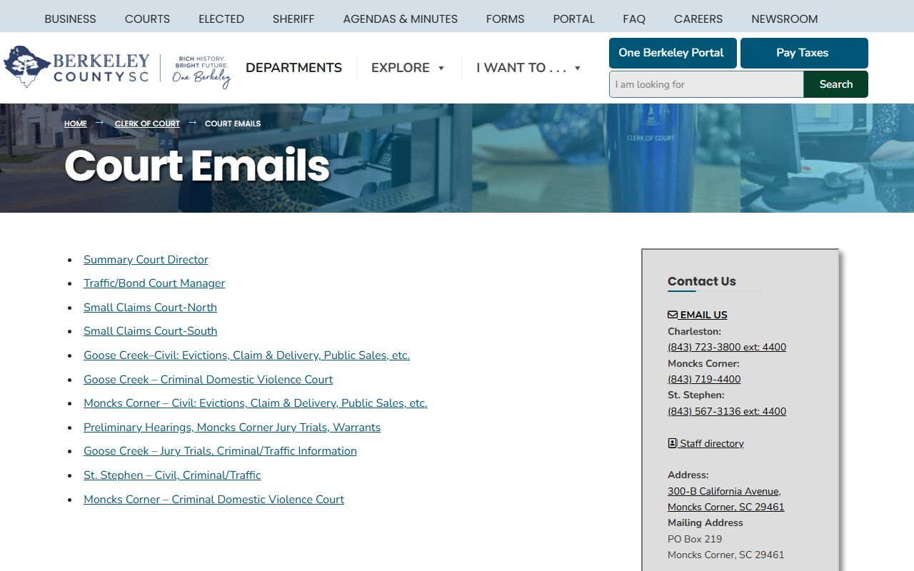 Berkeley County Clerk of Court contact page