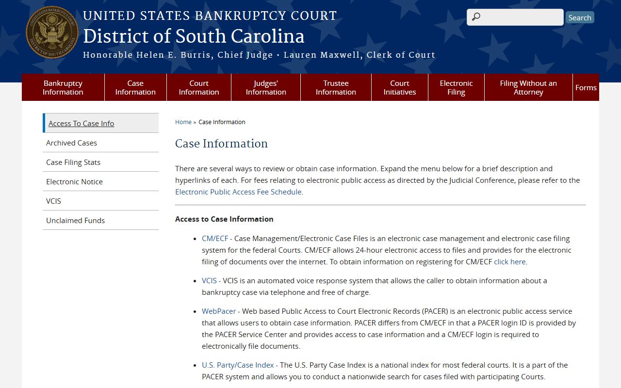 Berkeley County Clerk of Court related bankruptcy case information page