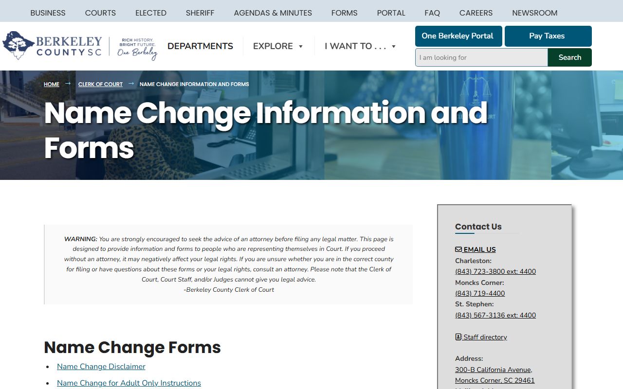 Berkeley County marriage and divorce records with Clerk name-change filing information