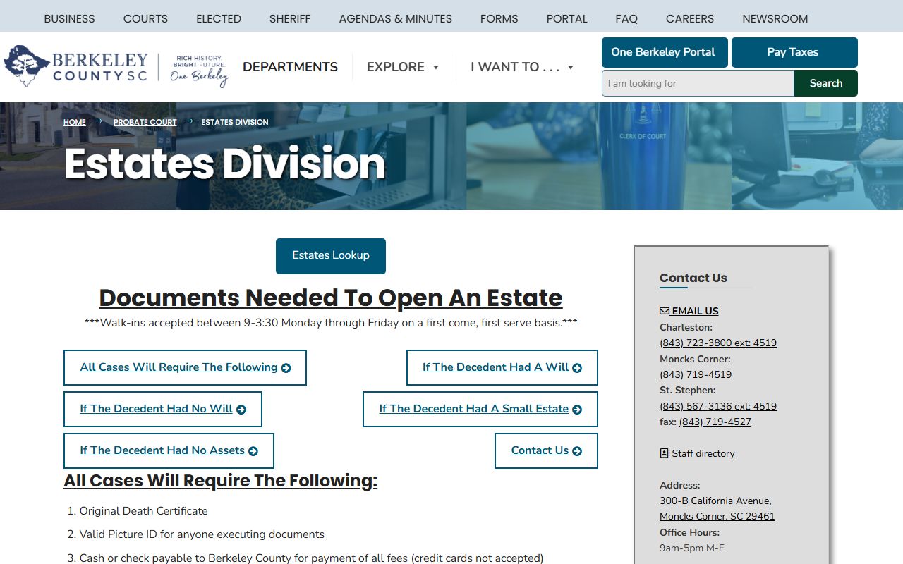 Berkeley County probate records Estates Division page