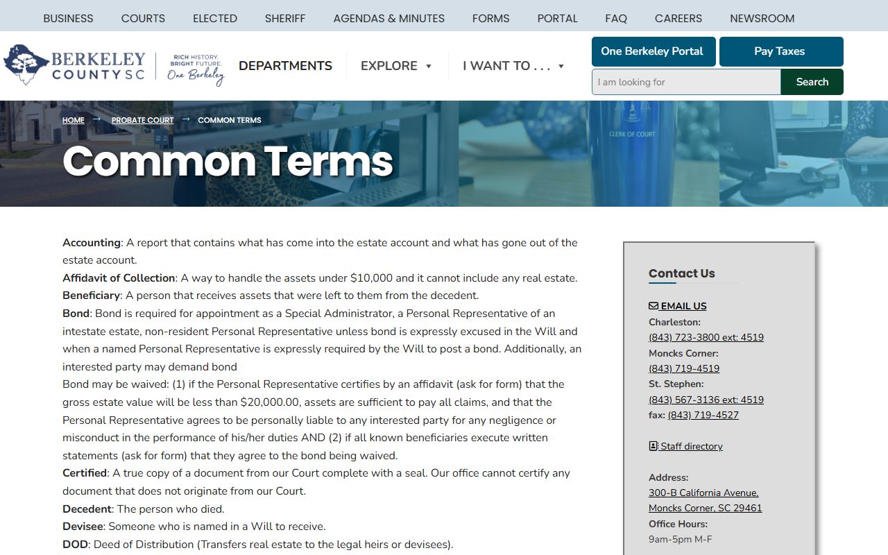 Berkeley County probate records common terms page